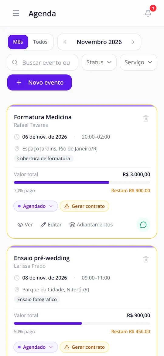 Agenda do mês no celular, com o andamento do pagamento de cada evento