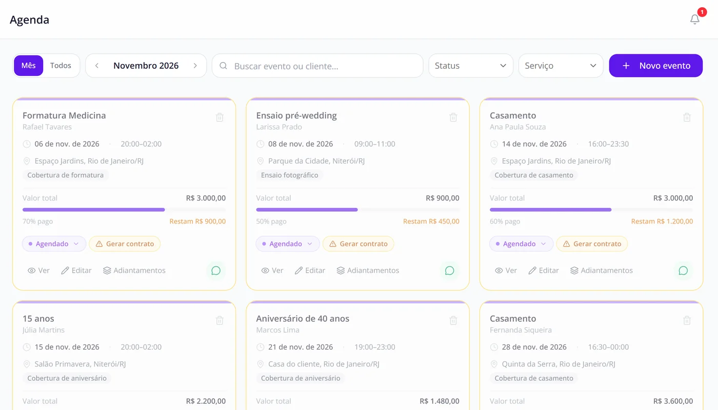 Agenda do mês no computador, com o valor total e quanto falta receber de cada evento
