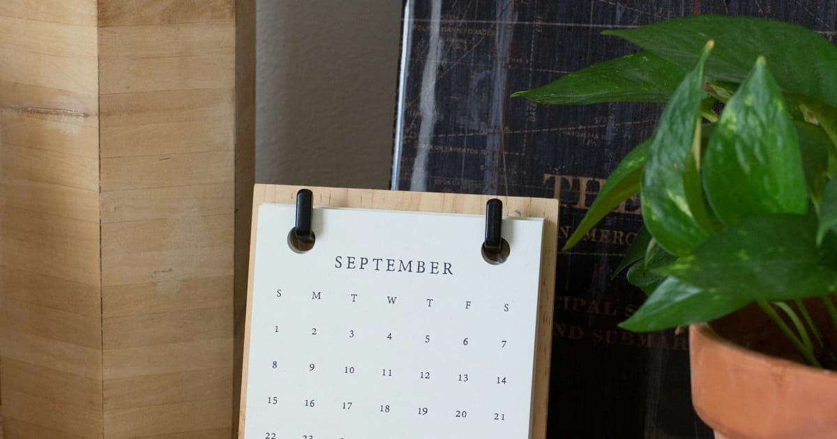 Calendário de mesa ao lado de um vaso de planta
