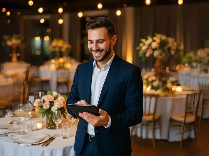 Organizador de eventos sorridente gerenciando sua agenda de eventos no tablet durante uma festa - Com a Agentto